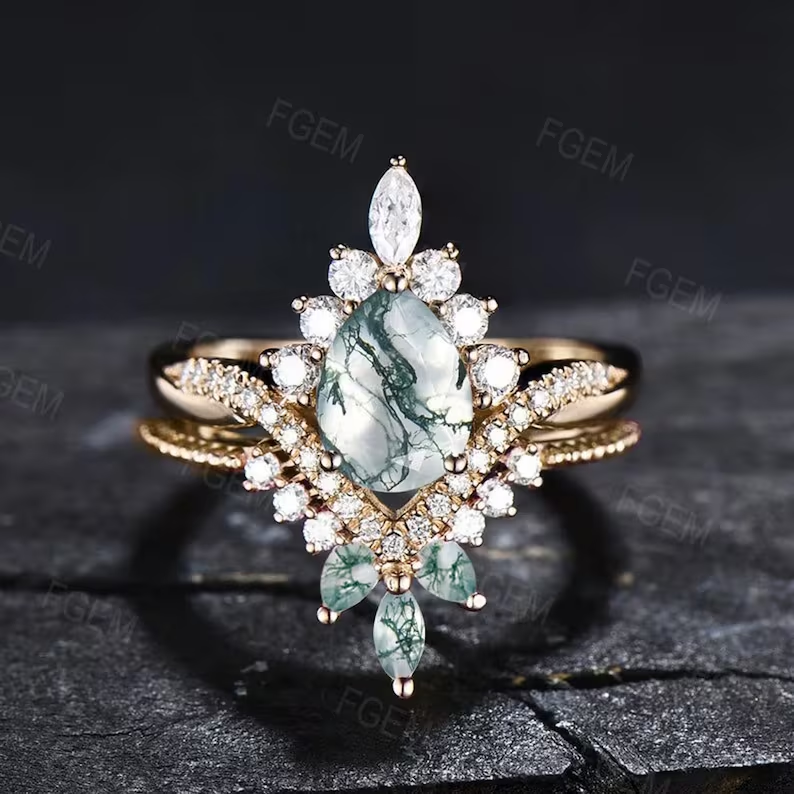 Natural Moss Agate Ring Set Vintage Pear Shaped Engagement Ring Set Marquise Moissanite Moss Wedding Bridal Promise Ring Anniversary Gifts