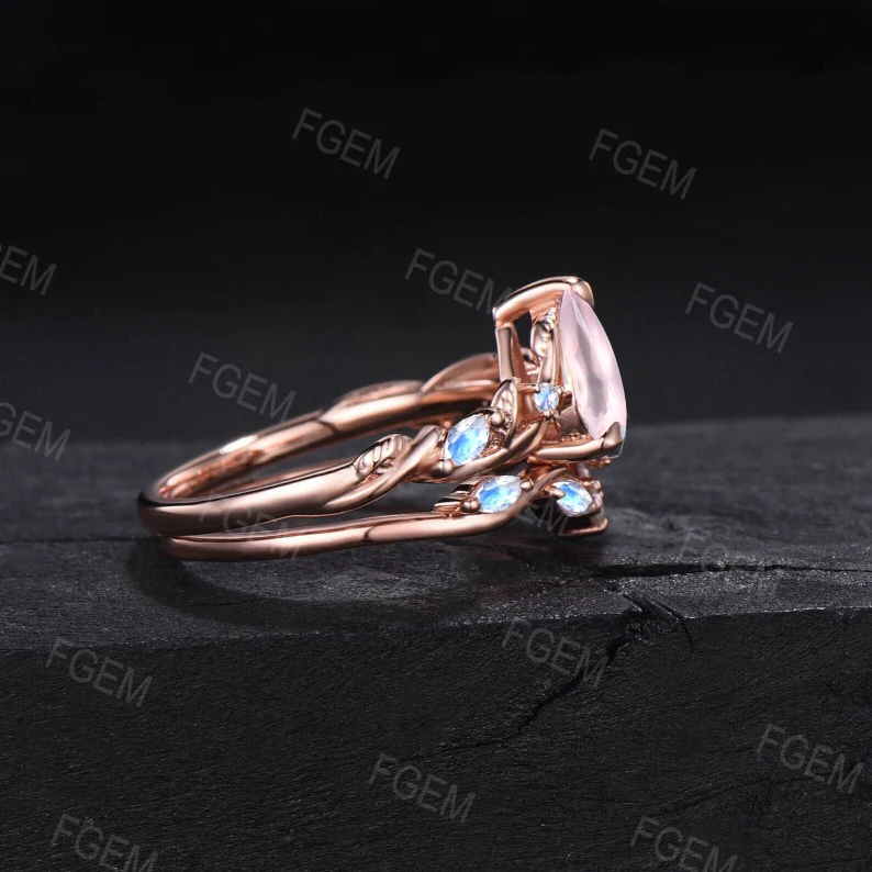 1.25ct Pear Natural Pink Rose Quartz Engagement Ring Cluster Rose Gold Crystal Bridal Set Nature Inspired Rose Quartz Moonstone Wedding Ring