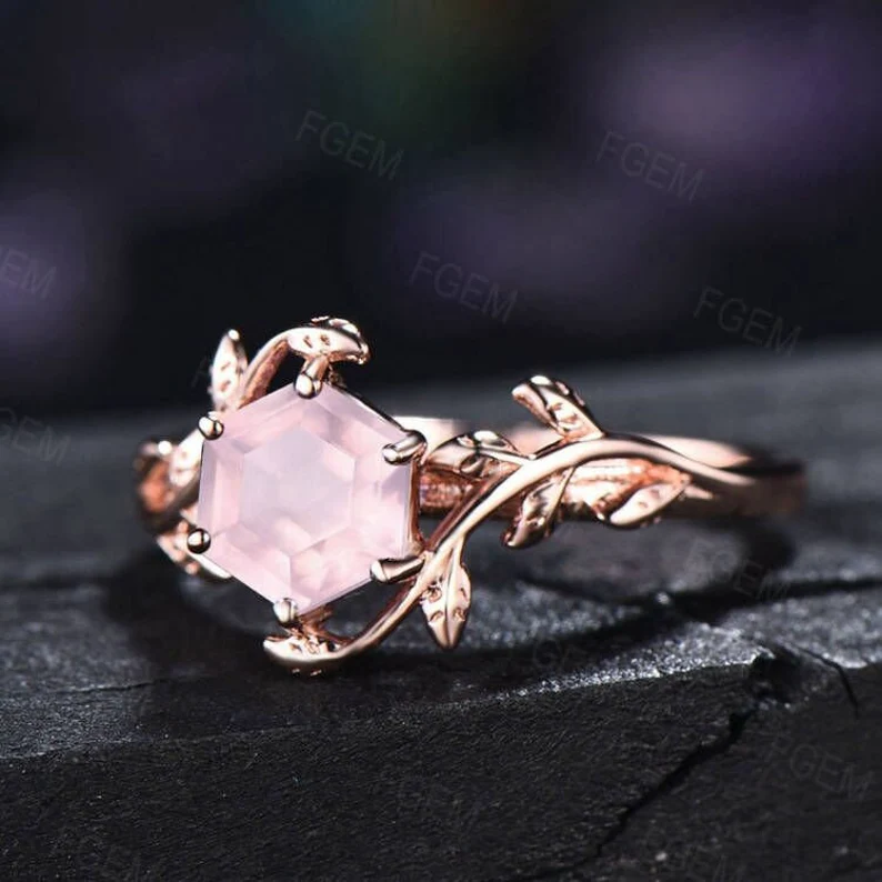 Natural Rose Quartz Ring Sterling Silver Hexagon Leaf Engagement Ring Solitaire Ring Crystal Ring Valentine's Day Jewelry Gift for Couple