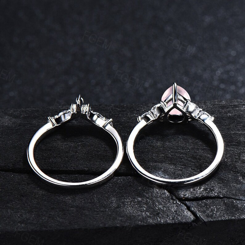 1.25ct Pear Shaped Natural Rose Quartz Engagement Ring Set Sterling Silver Pink Crystal Ring Pink Quartz Bridal Set Romantic Gift for Couple