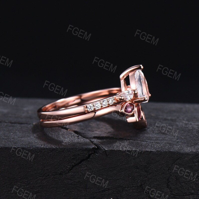 Pear Shaped Natural Rainbow Moonstone Engagement Ring Set Vintage Marquise Pink Tourmaline Curve Wedding Band June Birthstone Wedding Ring