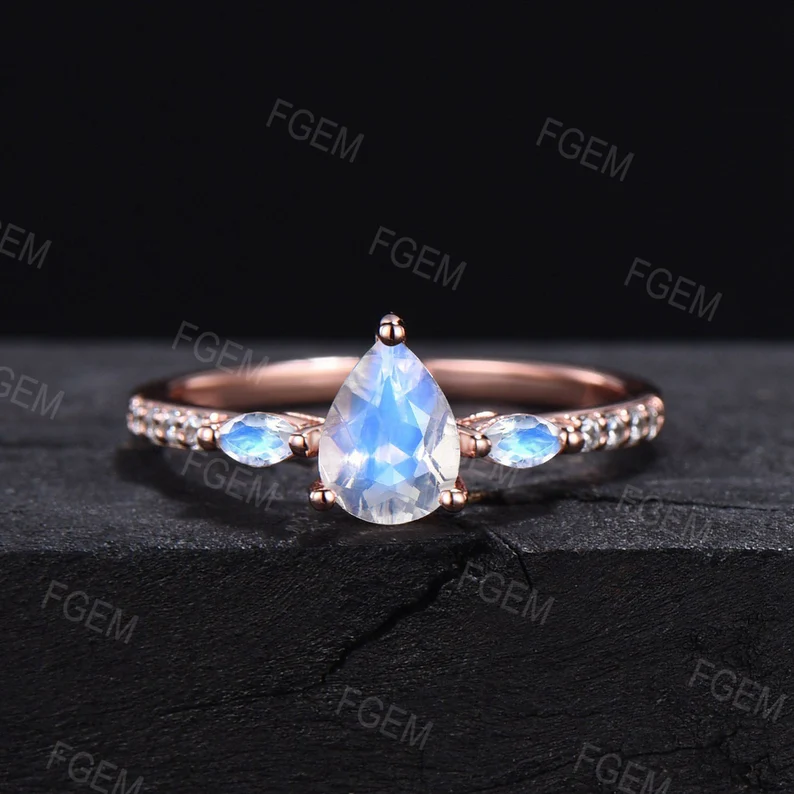 Pear Shaped Natural Rainbow Moonstone Engagement Ring Set Vintage Marquise Pink Tourmaline Curve Wedding Band June Birthstone Wedding Ring