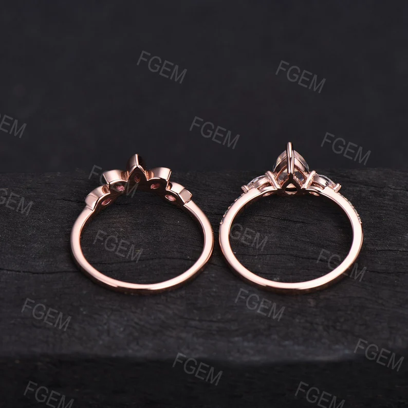 Pear Shaped Natural Rainbow Moonstone Engagement Ring Set Vintage Marquise Pink Tourmaline Curve Wedding Band June Birthstone Wedding Ring