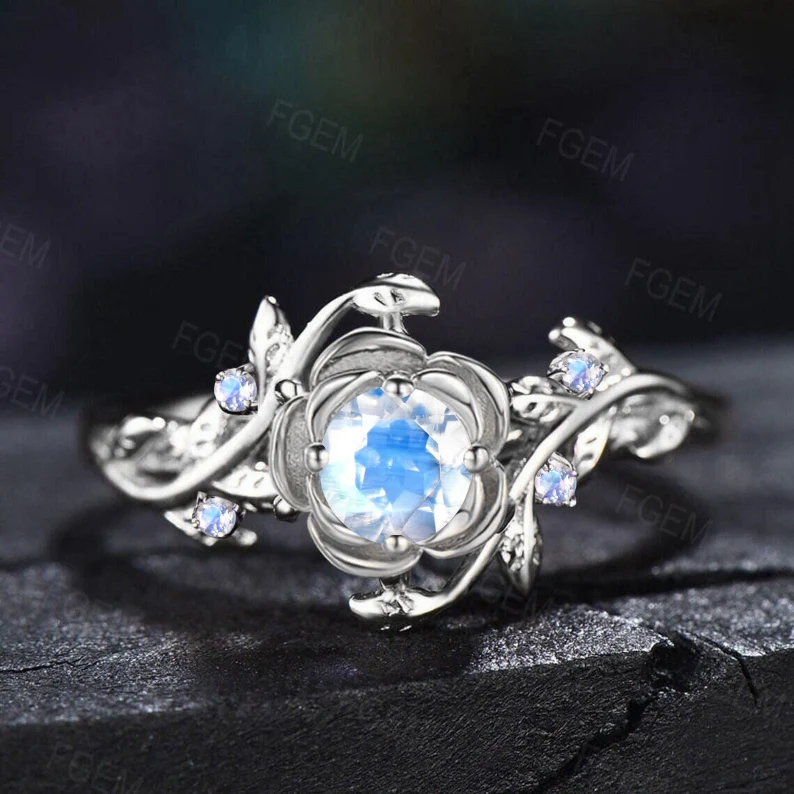 Rose Flower Engagement Ring 5mm Round Natural Rainbow Moonstone Wedding Ring Nature Inspired Leaf Floral Moonstone Ring June Birthstone Gift