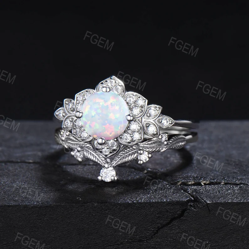 Round White Opal Floral Bridal Set Rose Flower Opal Engagement Ring Set Nature Inspired Leaf Cluster Moissanite Ring October Birthstone Gift