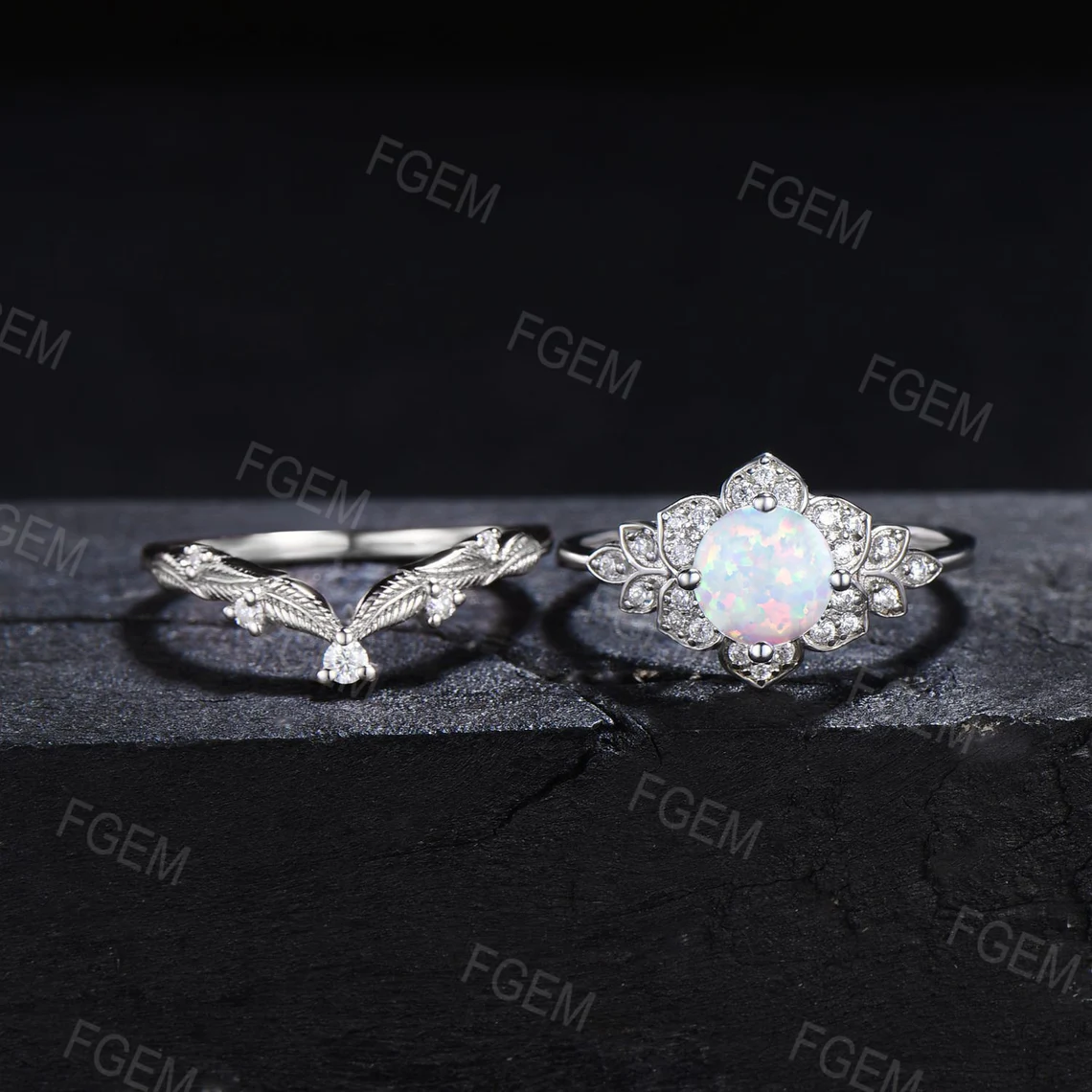 Round White Opal Floral Bridal Set Rose Flower Opal Engagement Ring Set Nature Inspired Leaf Cluster Moissanite Ring October Birthstone Gift