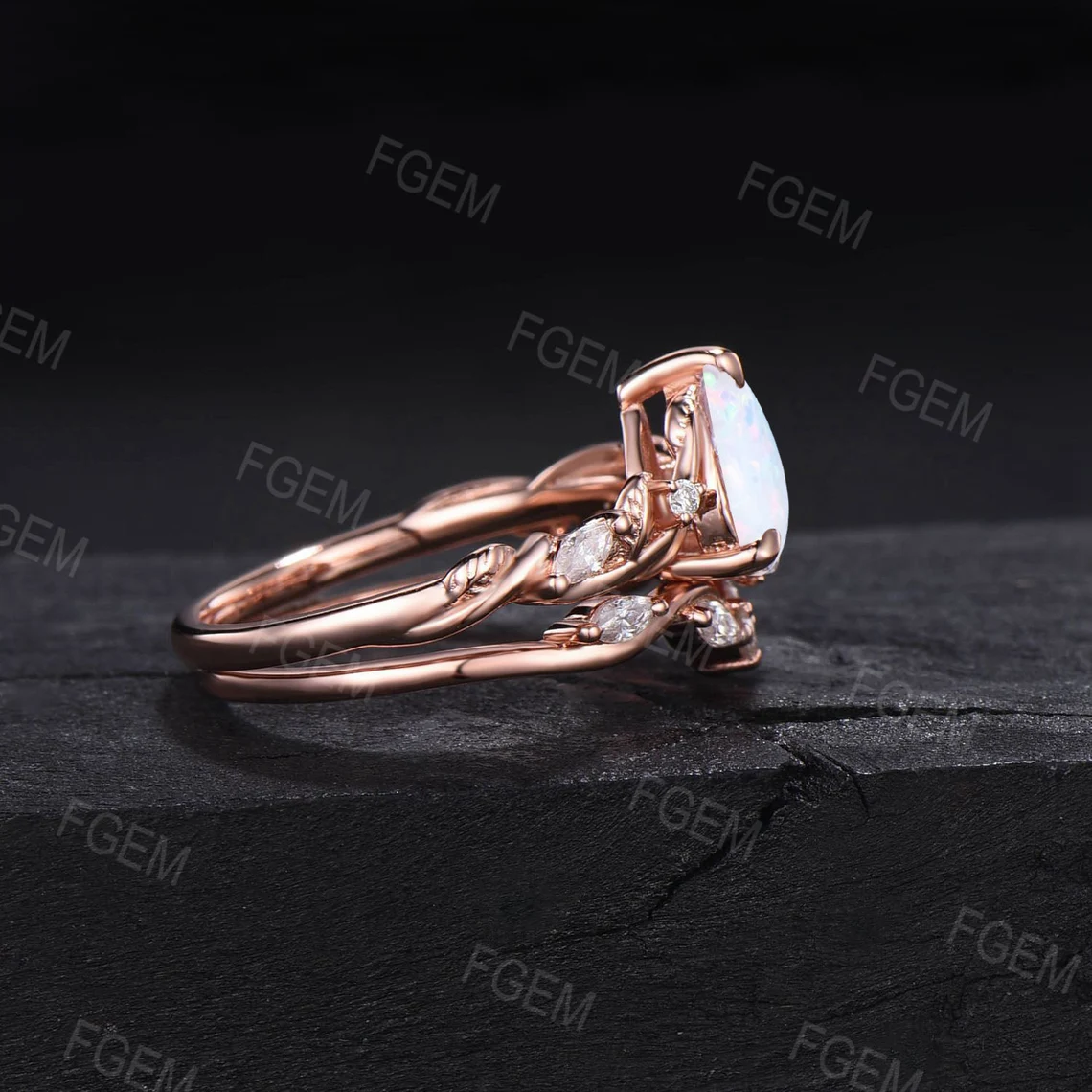 Nature Inspired White Opal Ring Set Vintage 1.25ct Pear Shaped Branch Twig Opal Engagement Ring Twist Leaf Moissanite Opal Wedding Ring Set