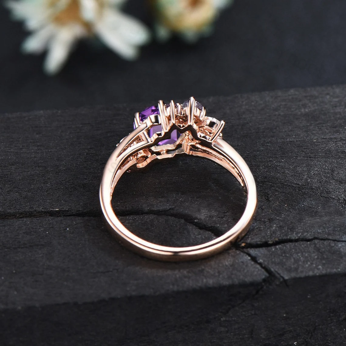 Natural Amethyst Ring 10K Gold Silver Hexagon Cluster Engagement Ring Heal Crystal Ring Split Shank Band Moissanite Amethyst Wedding Ring