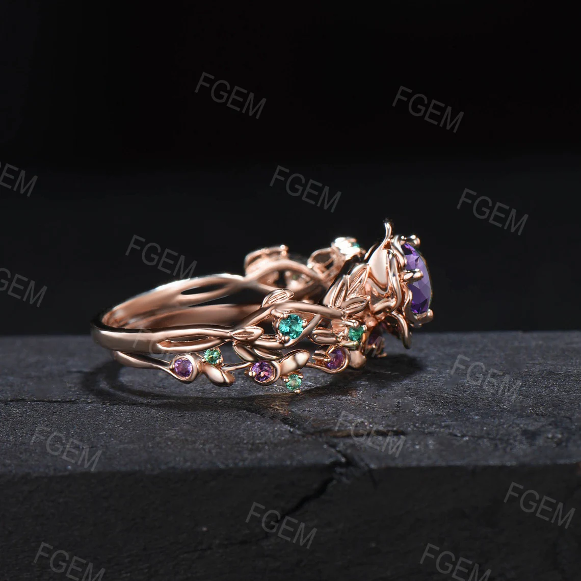 Rose Flower Natural Amethyst Bridal Set Leaf Nature Inspired Round Emerald Amethyst Engagement Ring Set Real Crystal Twig Vine Wedding Ring