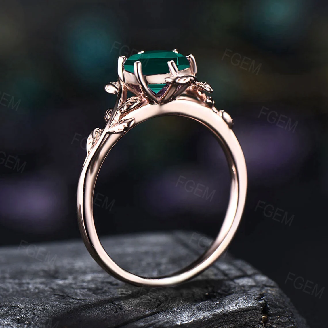 Leaf Engagement Ring Vintage Emerald Wedding Ring For Her May Birthstone Solitaire Ring Sterling Silver Personalized Birthday Gift for Woman