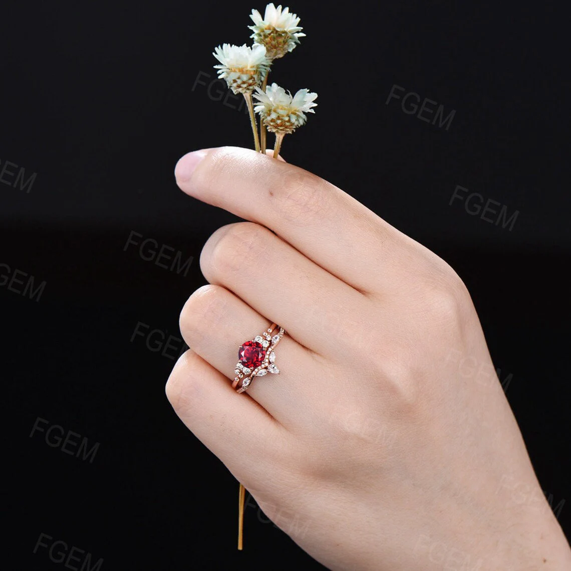 1ct Round Red Ruby Engagement Ring Set Dainty Ruby Diamond Cluster Bridal Ring Set Leaf Wedding Ring Unique Promise/Anniversary Gifts Women