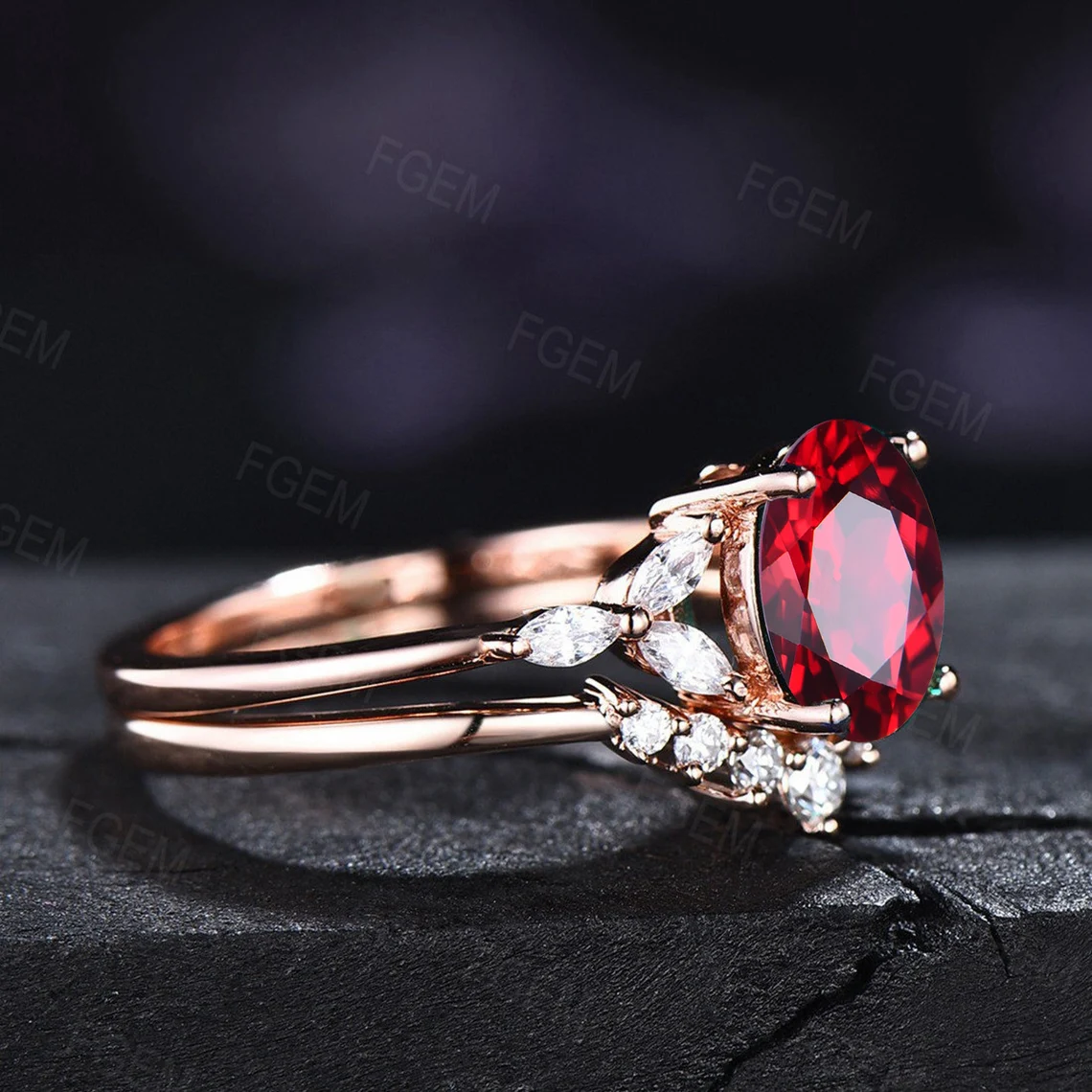 Sterling Silver Red Gemstone Jewelry 1.5ct Oval Red Ruby Engagement Ring Set Vintage Unique Anniversary/Birthday Gift July Birthstone Rings