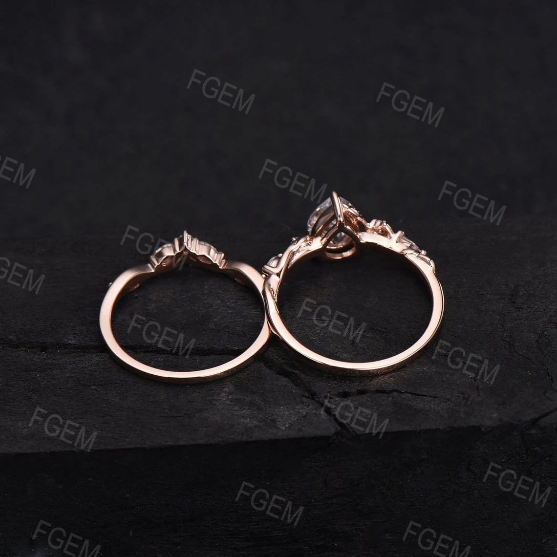 Unique Leaves Blue Sapphire Engagement Ring Set 14K Rose Gold 1ct Hexagon Cut Blue Sapphire Bridal Set Handmade Nature Inspired Jewelry Gift