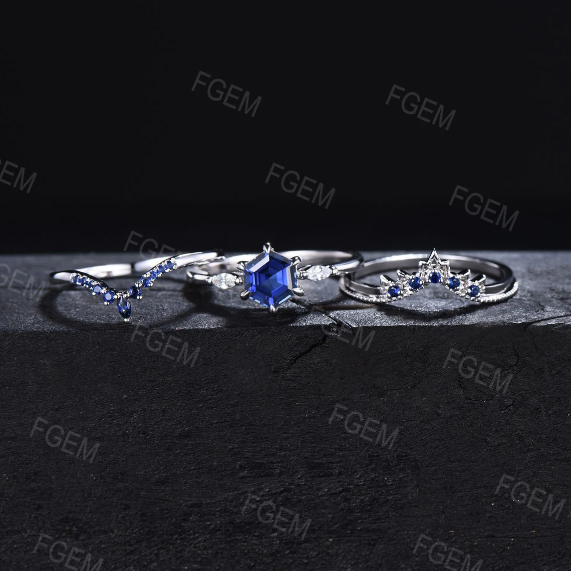 Sterling Silver Blue Sapphire Engagement Ring Vintage 1ct Hexagon Bridal Set September Birthstone Promise Ring Blue Gemstone Jewelry Women