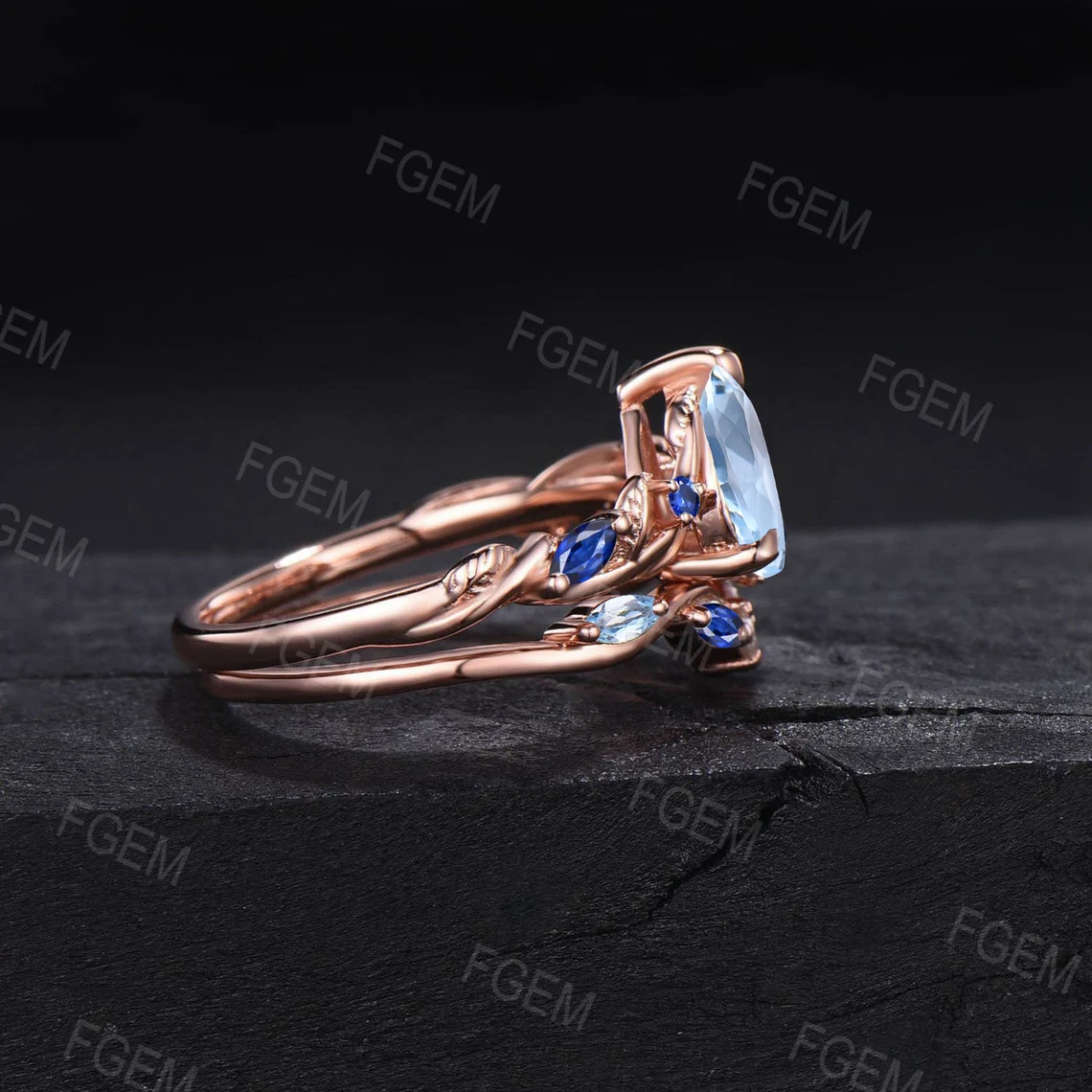 1.25ct Nature Inspired Natural Aquamarine Engagement Ring Twist Band March Birthstone Gift Blue Sapphire Wedding Ring Vine Branch Bridal Set