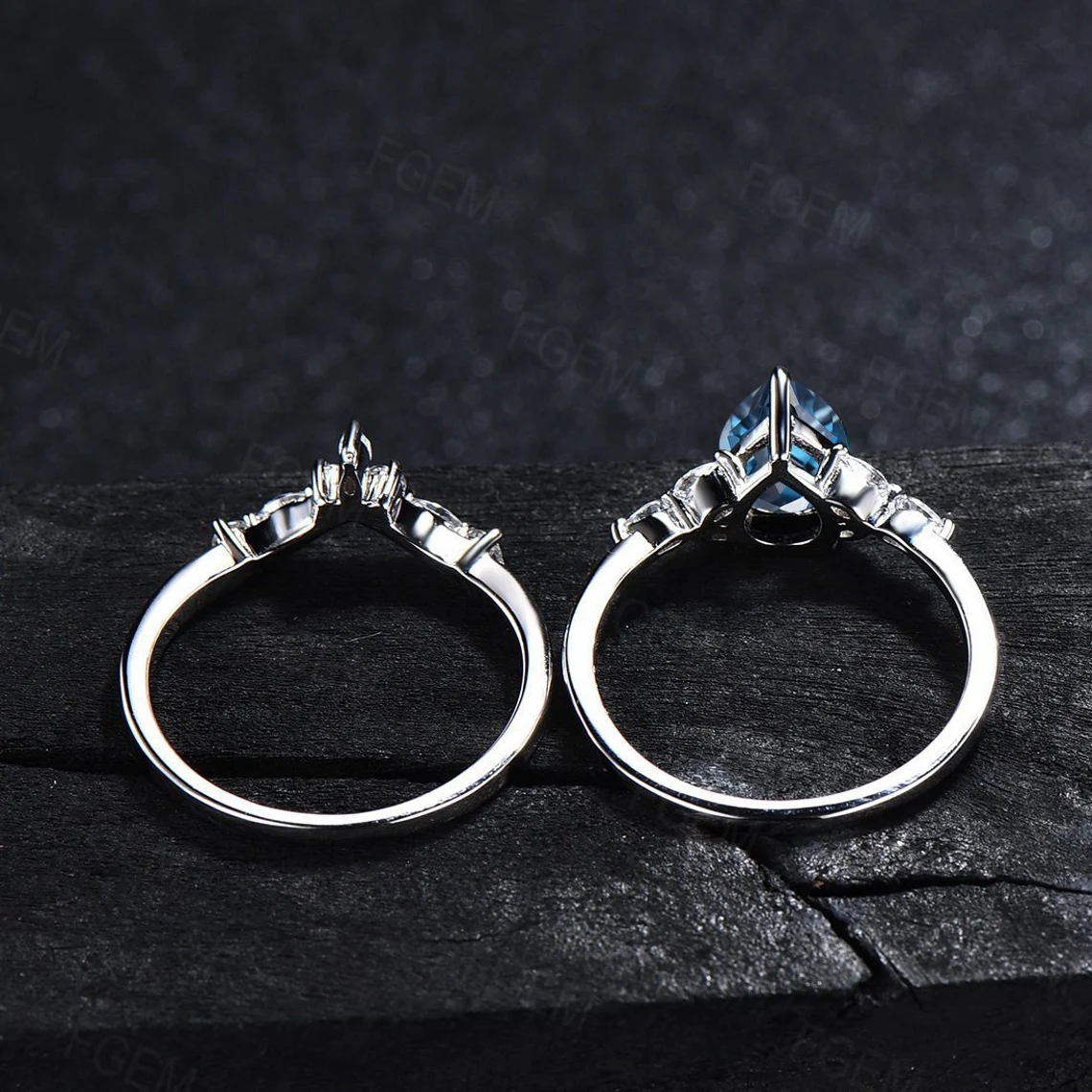 Sterling Silver Natural London Blue Topaz Ring Blue Gemstone Ring December Birthstone Wedding Ring London Blue Topaz Bridal Set Promise Gift