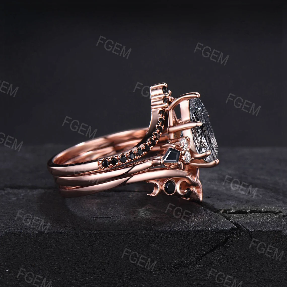 Kite Natural Black Rutilated Quartz Engagement Ring Set Celtic Black Bridal Set Unique 10K Rose Gold Handmade Gothic Proposal Gifts for Her