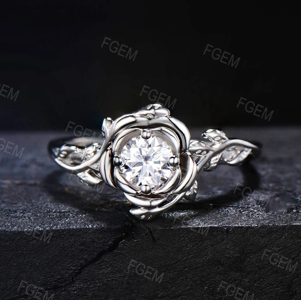 Rose Flower Engagement Ring Round Moissanite Diamond Ring Rose Gold Floral Wedding Ring Nature Inspired Leaf Moissanite Jewelry Promise Gift