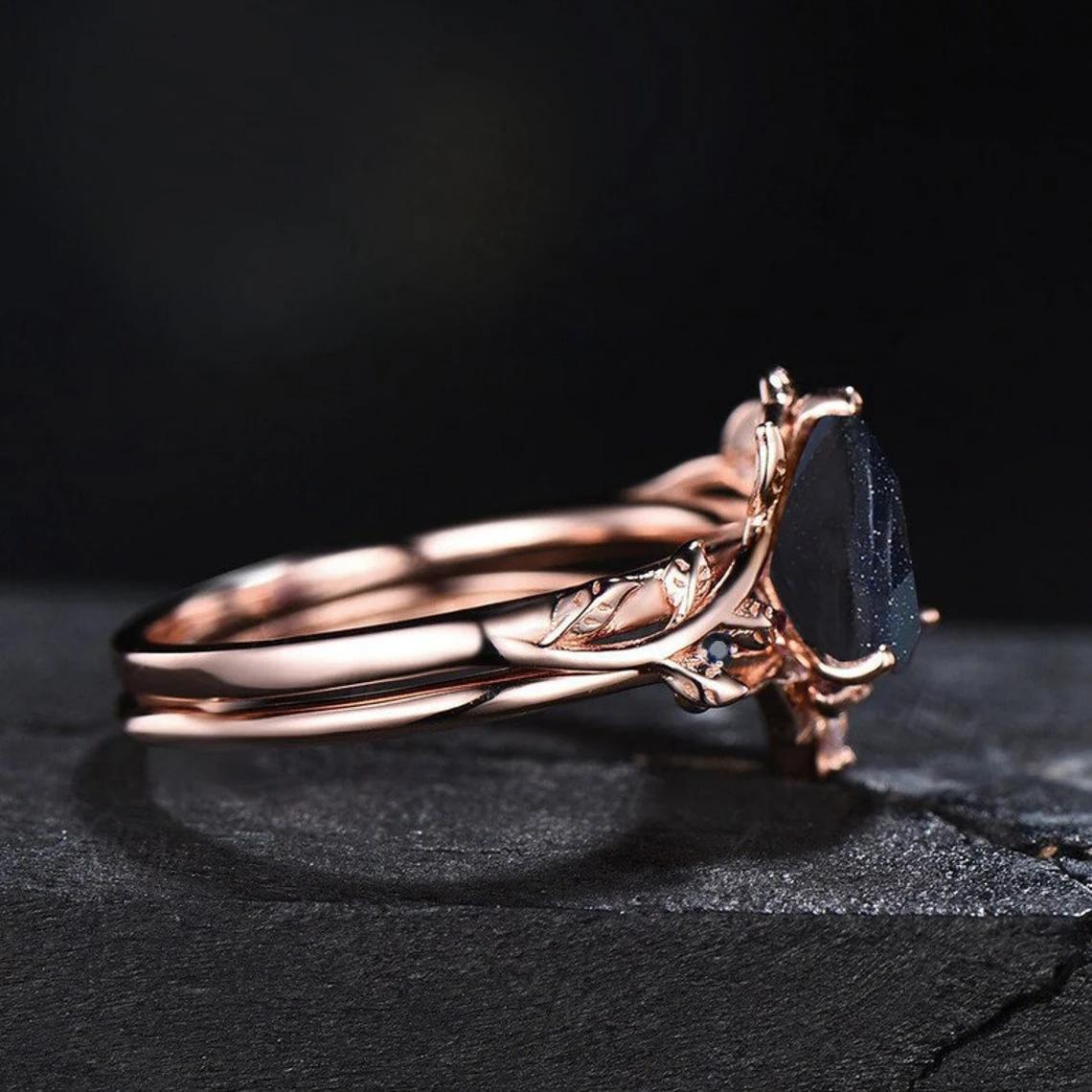 Nature Inspired Starry Sky Galaxy Blue Sandstone Engagement Ring Set Branch Leaf Wedding Band Cluster Black Ring Blue Goldstone Bridal Set