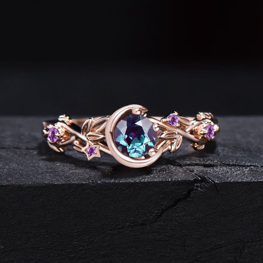 Nature Inspired Color-Change Alexandrite Amethyst Engagement Ring Moon Star Design Round Alexandrite Ring Branch Leaf Amethyst Wedding Ring