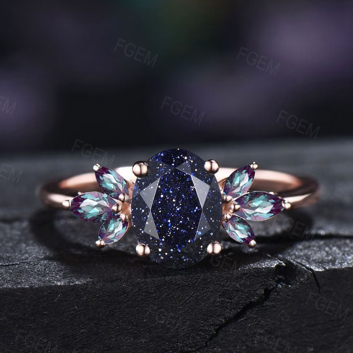 1.5ct Oval Cut Blue Sandstone Cluster Engagement Rings Galaxy Starry Sky Ring Black Gemstone Ring Unique Handmade Proposal Gifts for Women