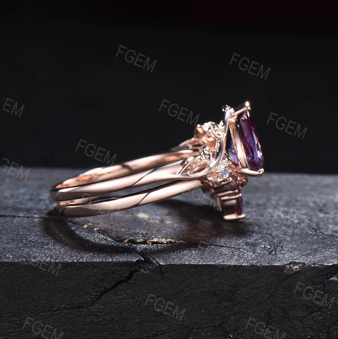 Kite Alexandrite Bridal Set Nature Inspired Color-Change Alexandrite Engagement Ring Leaf Vine Branch Wedding Ring Unique Anniversary Gifts