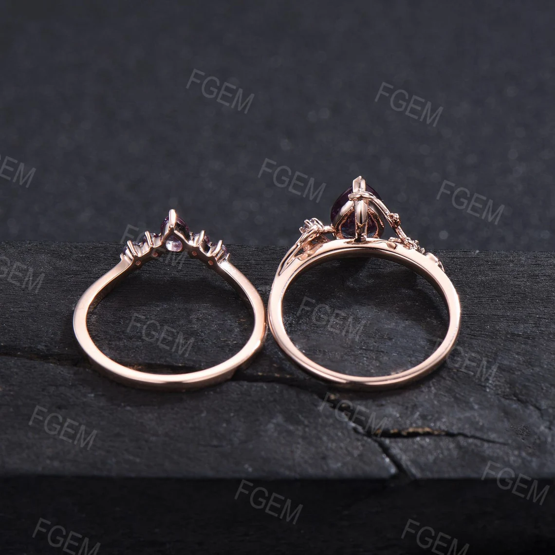 Kite Alexandrite Bridal Set Nature Inspired Color-Change Alexandrite Engagement Ring Leaf Vine Branch Wedding Ring Unique Anniversary Gifts