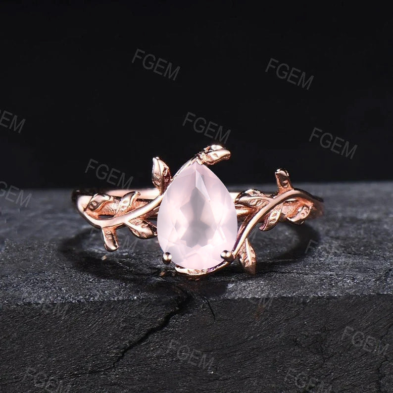 1ct Round Cut Natural Pink Rose Quartz Ring Rose Gold Simple Engagement Rings Leaf Solitaire Ring Heal Crystal Ring Natural Stone Ring Gift