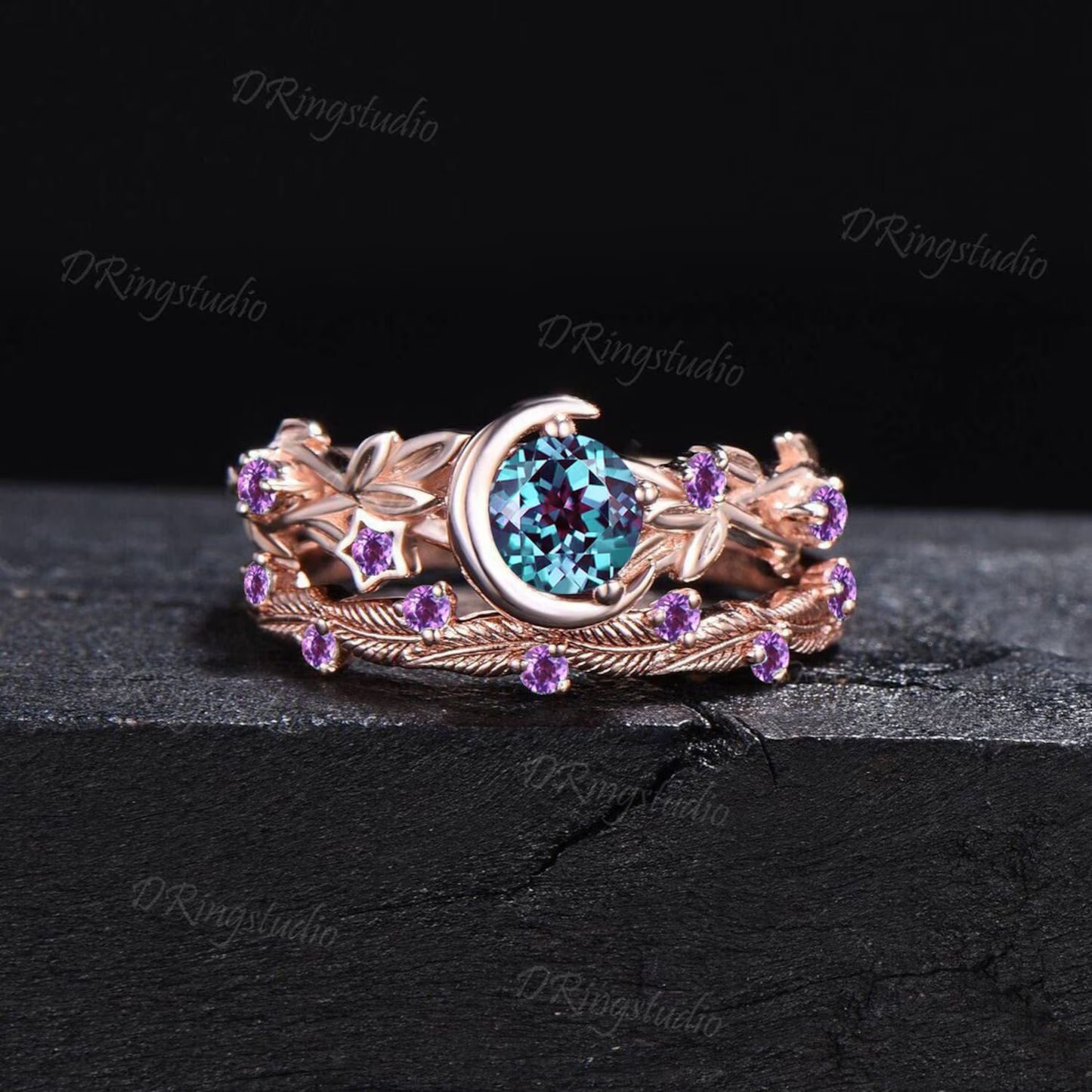 Nature Inspired Color-Change Alexandrite Engagement Ring Moon Star Design Round Alexandrite Ring Branch Leaf June Birthstone Wedding Rings
