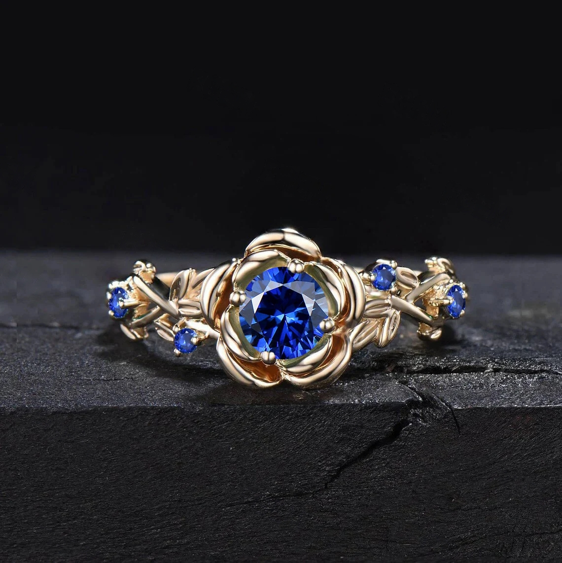 5mm(0.5CTW) Nature Inspired Natural Royal Burnt Blue Sapphire Ring 10K Yellow Gold Twig Leaf Rose Flower Blue Sapphire Nature Engagement Rings