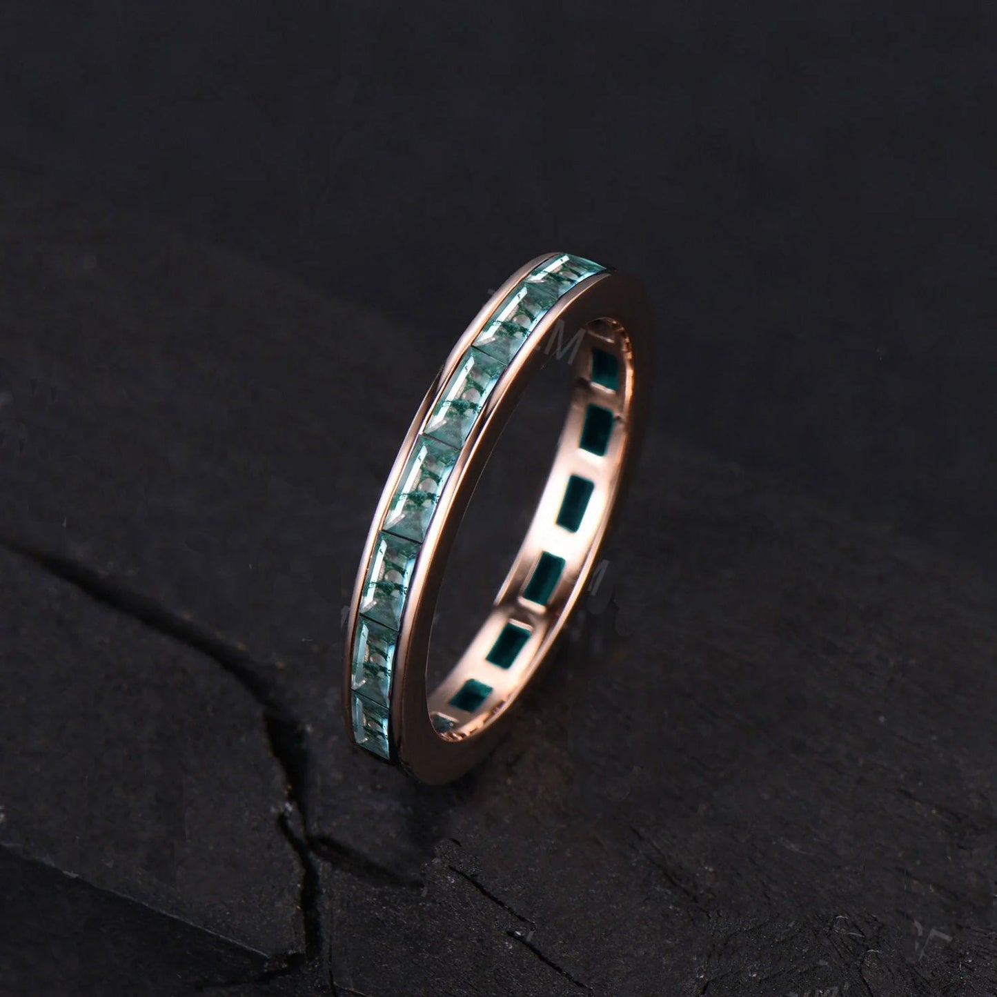 Baguette Cut Natural Moss Agate Wedding Band for Men/Women Vintage 10K/14K/18K Rose Gold Channel Setting Matching Band Mens Moss Agate Ring