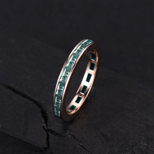 Baguette Cut Natural Moss Agate Wedding Band for Men/Women Vintage 10K/14K/18K Rose Gold Channel Setting Matching Band Mens Moss Agate Ring