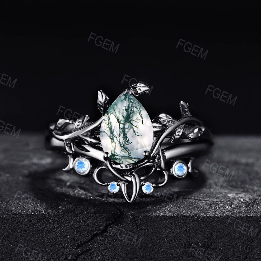 1.25ct Pear Shaped Natural Moss Agate Bridal Set 10K/14K/18K Rose Gold Nature Inspired Emerald Engagement Rings Leaf Leaves Solitaire Ring