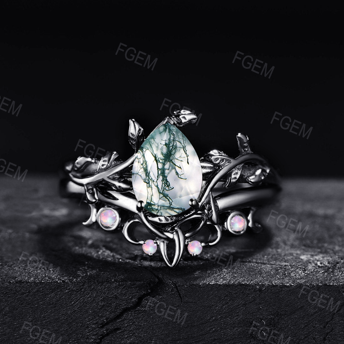 1.25ct Pear Shaped Natural Moss Agate Bridal Set 10K/14K/18K Rose Gold Nature Inspired Emerald Engagement Rings Leaf Leaves Solitaire Ring