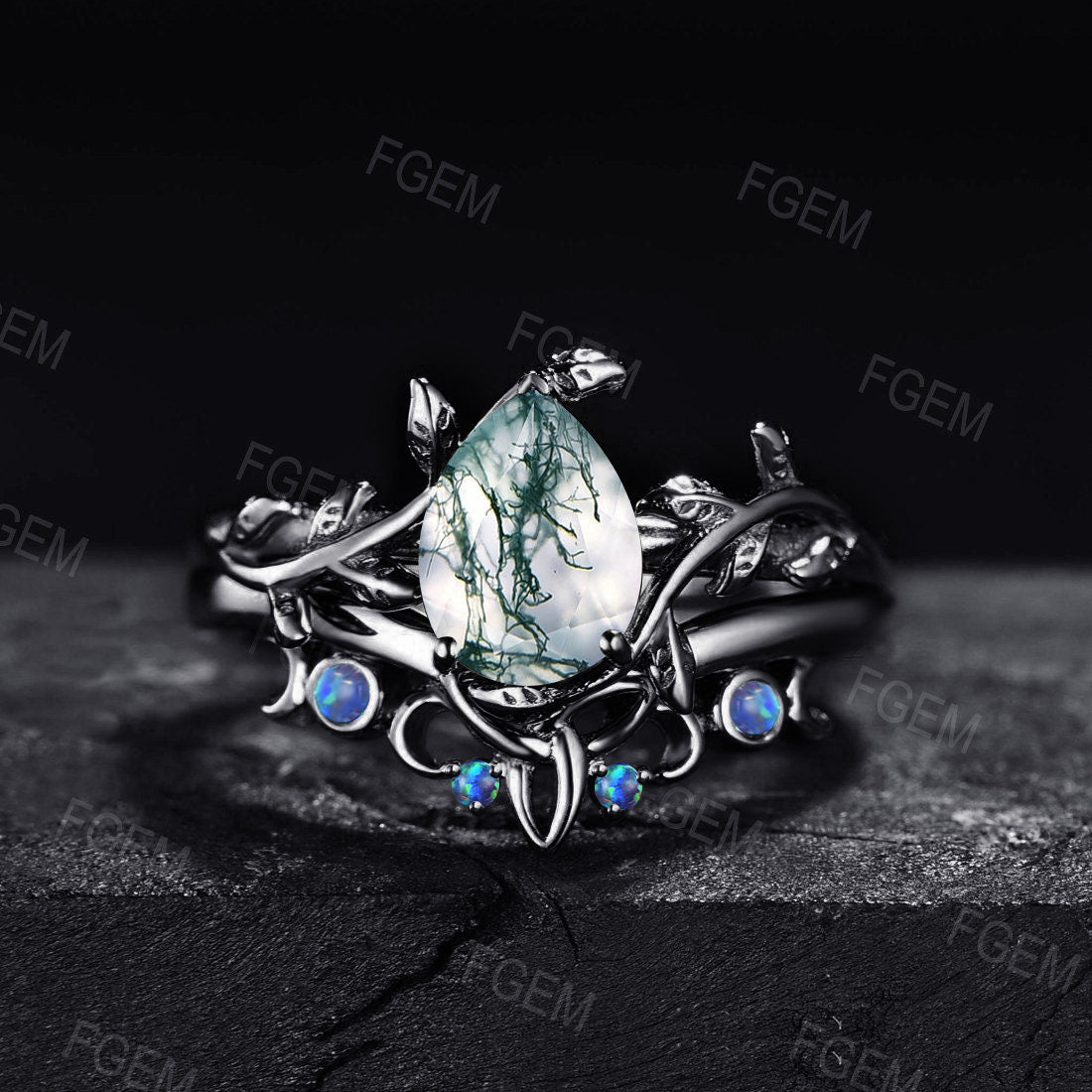 1.25ct Pear Shaped Natural Moss Agate Bridal Set 10K/14K/18K Rose Gold Nature Inspired Emerald Engagement Rings Leaf Leaves Solitaire Ring