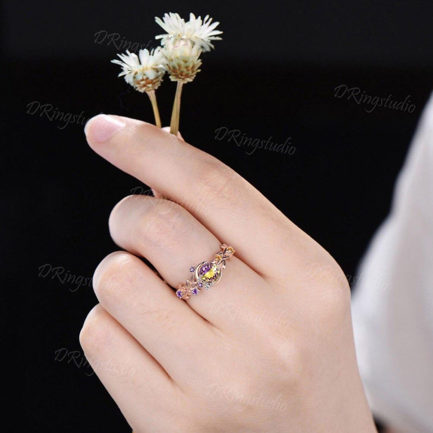 Moon Star Round Cut Ametrine Engagement Ring Rose Gold Nature Inspired Leaf Ring Cluster Citrine Amethyst Wedding Ring Ametrine Crystal Ring