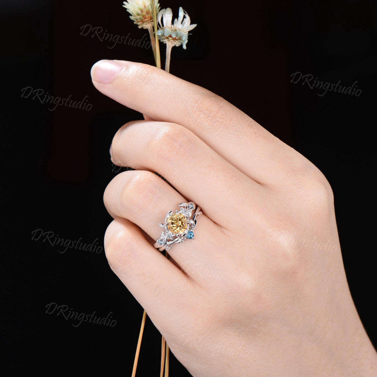 1ct Round Nature Inspired Flower Natural Citrine Wedding Ring Sterling Silver Citrine Topaz Bridal Ring Unqiue Anniversary/Promise Ring Gift