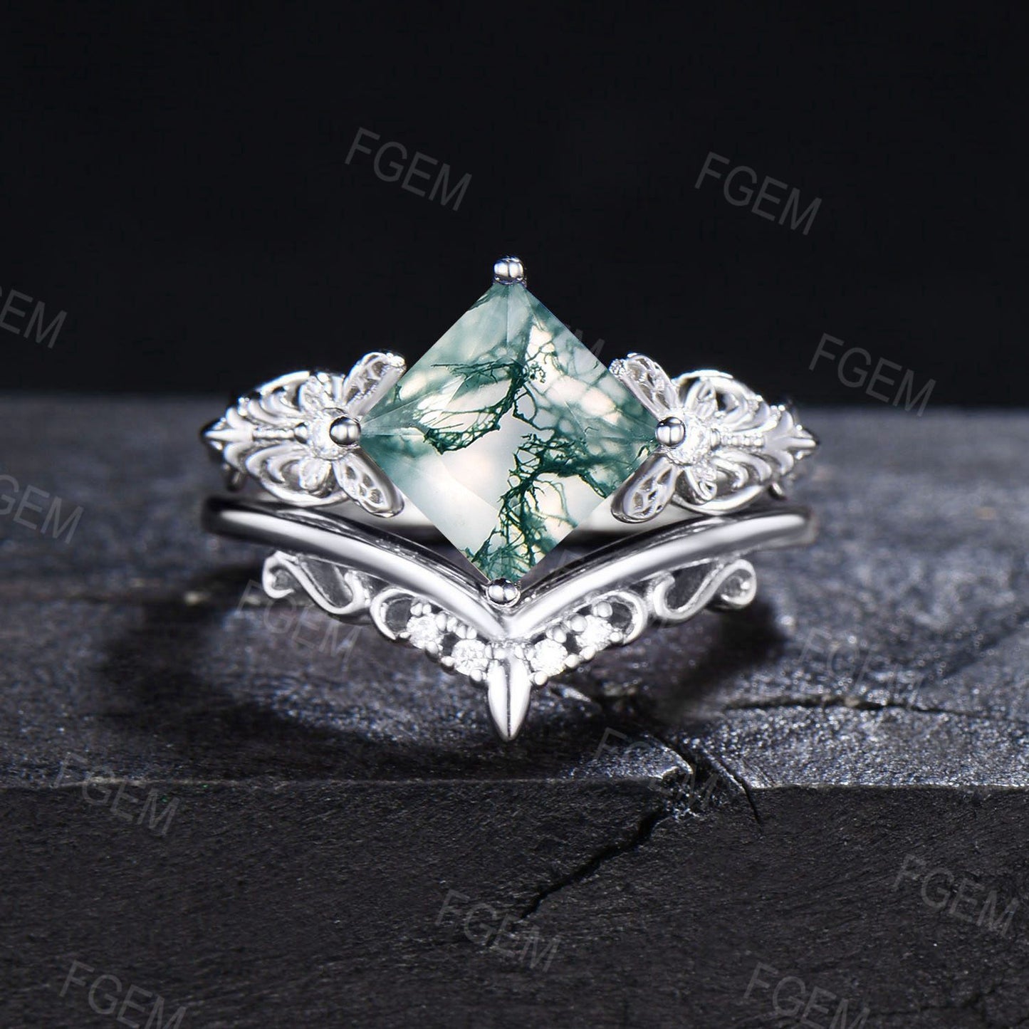 Vintage Natural Moss Agate Ring Silver Princess Cut Green Agate Engagement Ring Butterfly Moissanite Bridal Ring Set Filigree Promise Ring