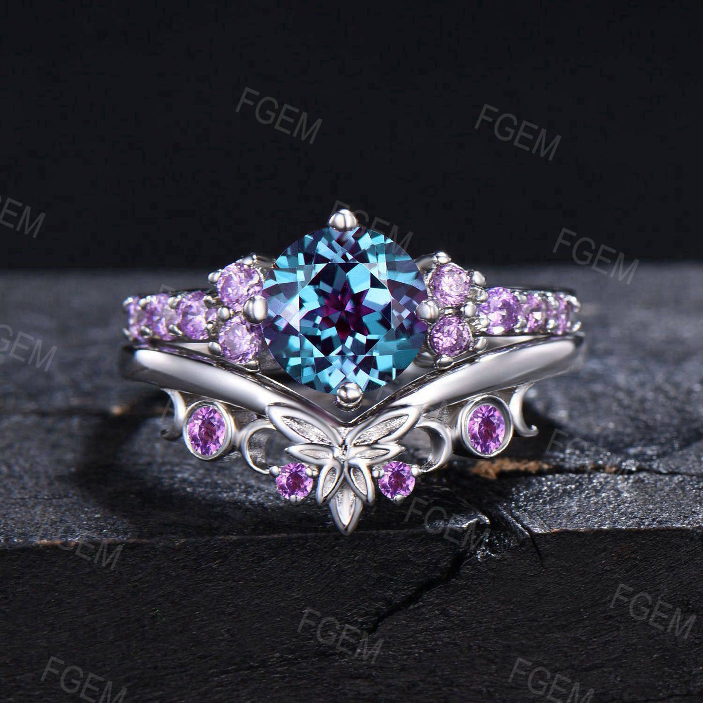 Half Eternity Alexandrite Engagement Ring Set 1.2ct Round Cut June Birthstone Bridal Set Sterling Silver Cluster Amethyst Wedding Ring Gifts