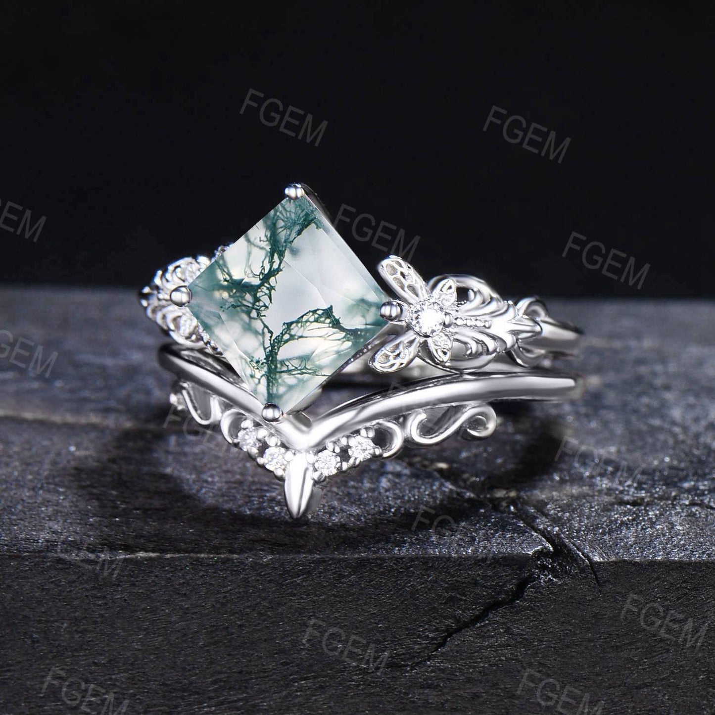 Vintage Natural Moss Agate Ring Silver Princess Cut Green Agate Engagement Ring Butterfly Moissanite Bridal Ring Set Filigree Promise Ring