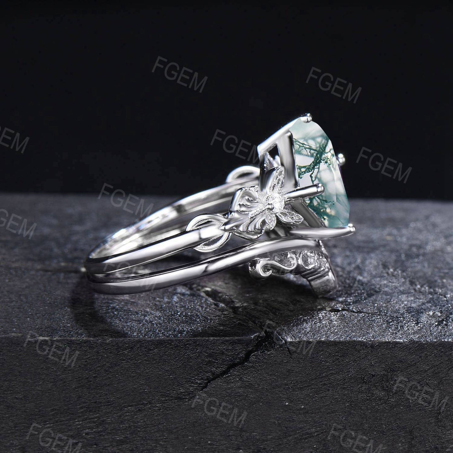 Vintage Natural Moss Agate Ring Silver Princess Cut Green Agate Engagement Ring Butterfly Moissanite Bridal Ring Set Filigree Promise Ring