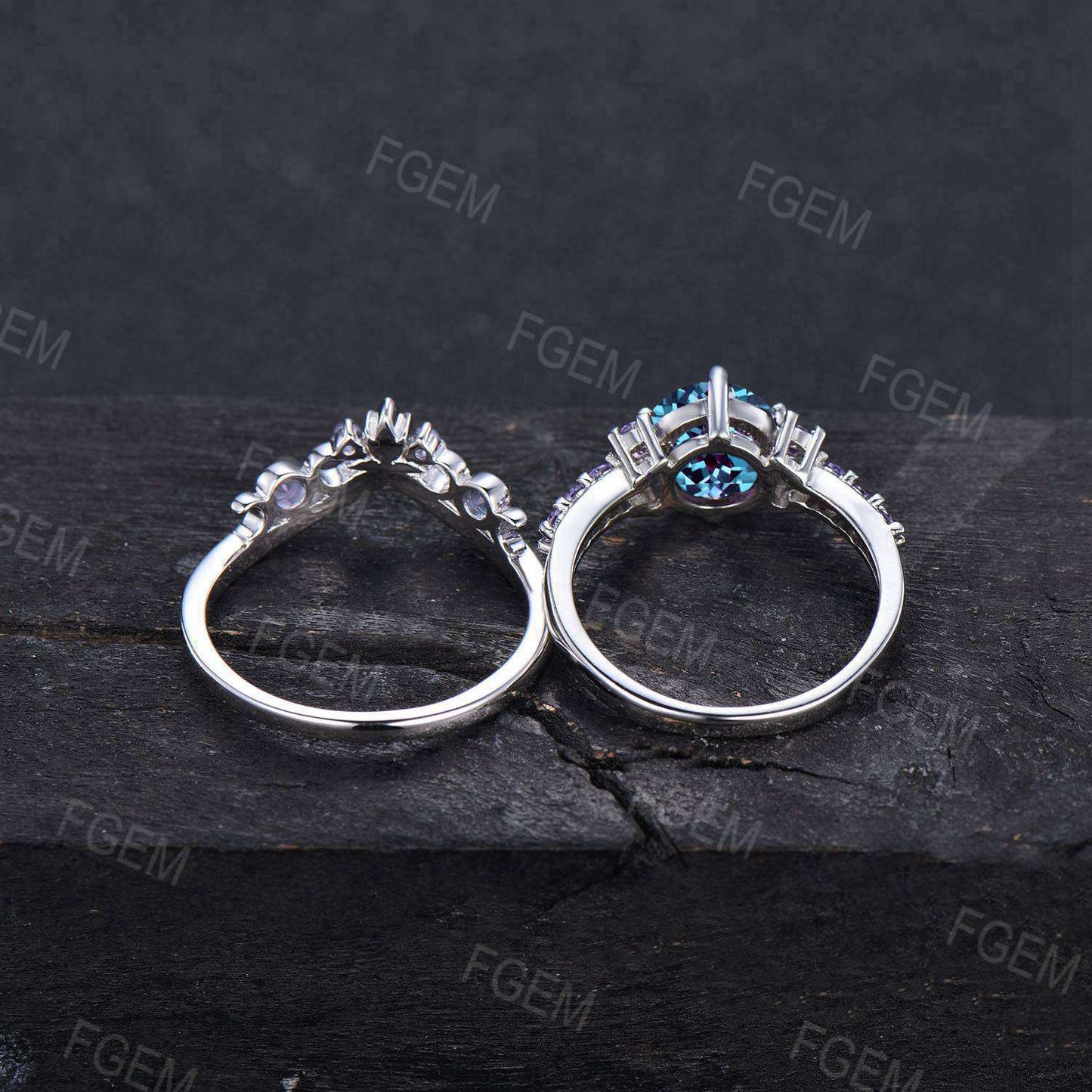 Half Eternity Alexandrite Engagement Ring Set 1.2ct Round Cut June Birthstone Bridal Set Sterling Silver Cluster Amethyst Wedding Ring Gifts