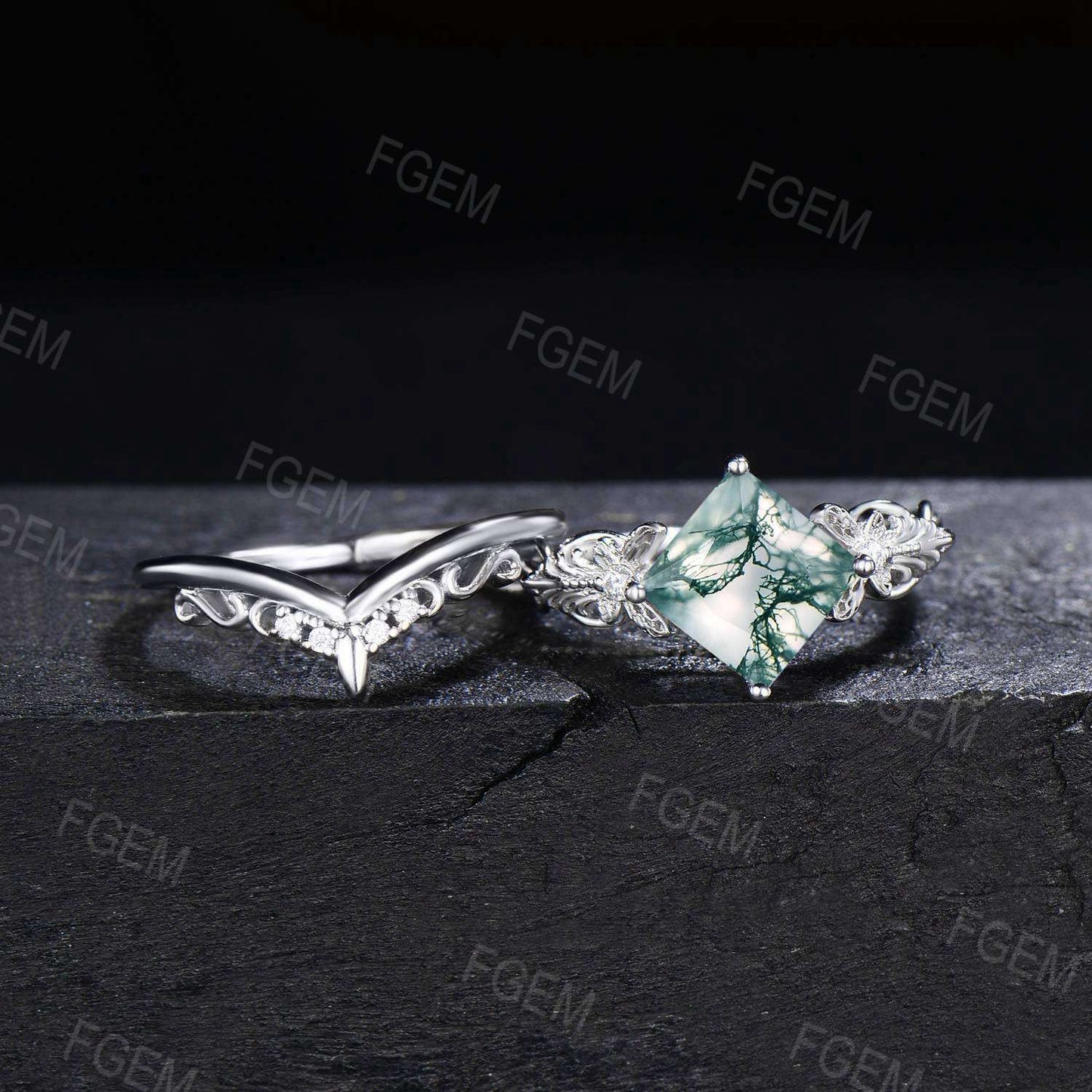 Vintage Natural Moss Agate Ring Silver Princess Cut Green Agate Engagement Ring Butterfly Moissanite Bridal Ring Set Filigree Promise Ring