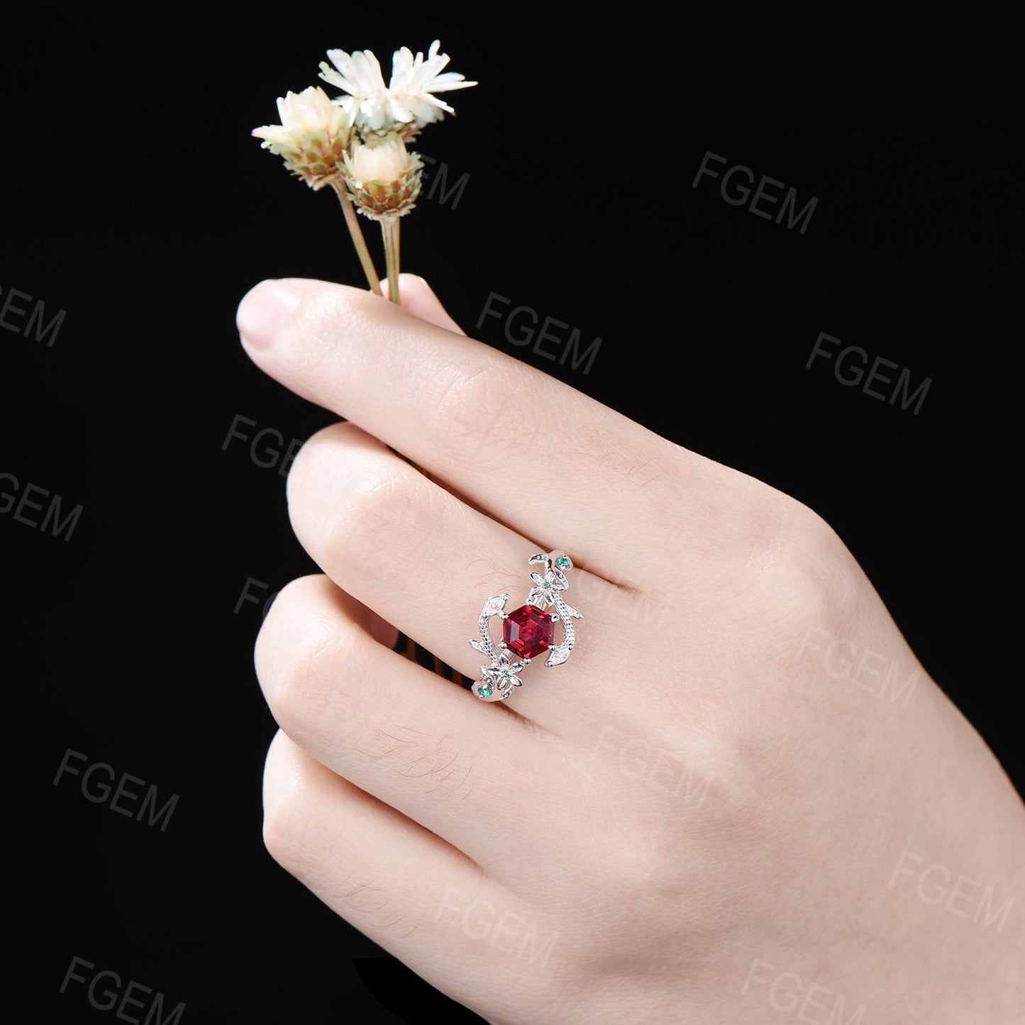 Nature Inspired Hexagon Ruby Engagement Ring Dainty Snake Ring Floral Ruby Emerald Wedding Ring Branch Leaf Ring July Birthstone Women Gifts
