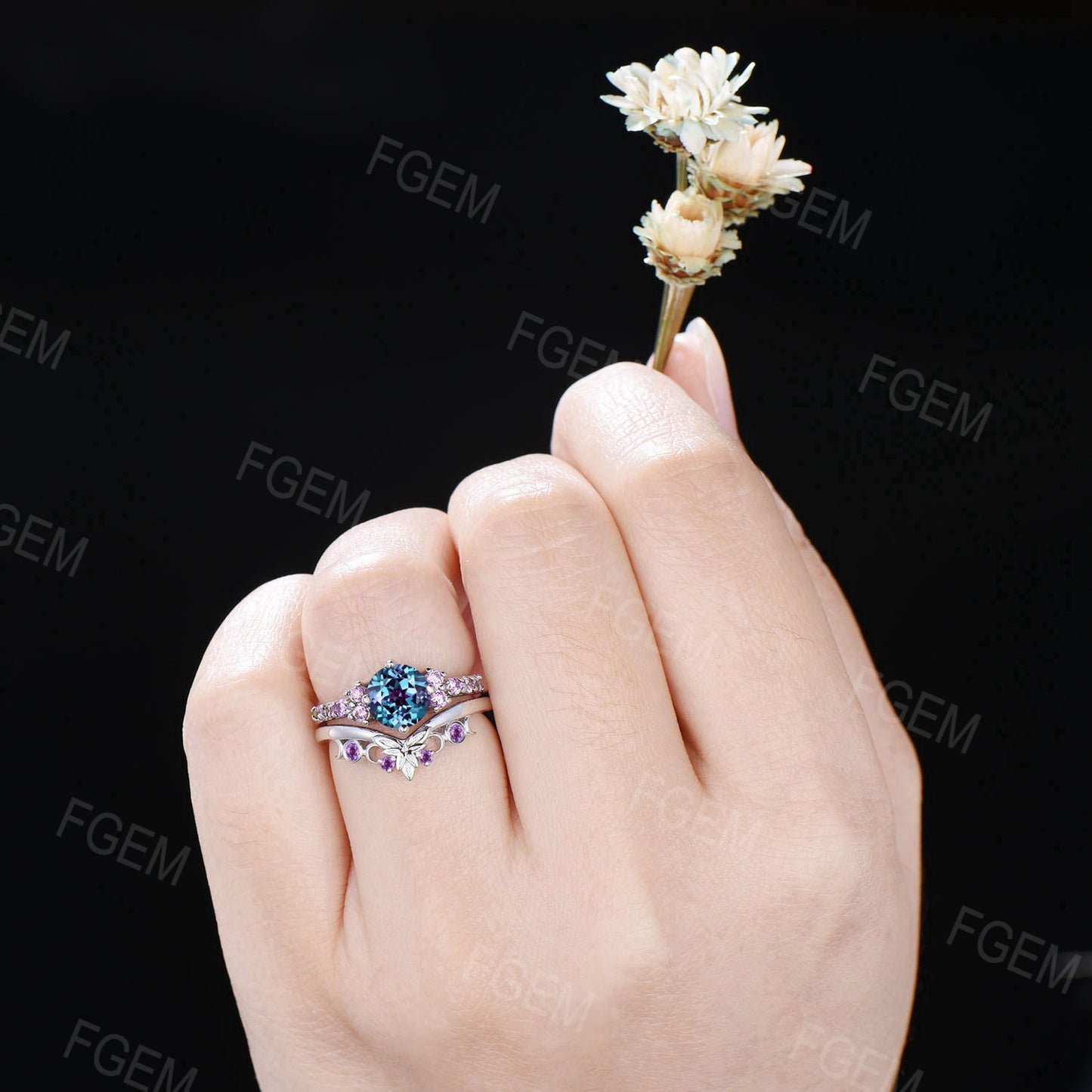 Half Eternity Alexandrite Engagement Ring Set 1.2ct Round Cut June Birthstone Bridal Set Sterling Silver Cluster Amethyst Wedding Ring Gifts