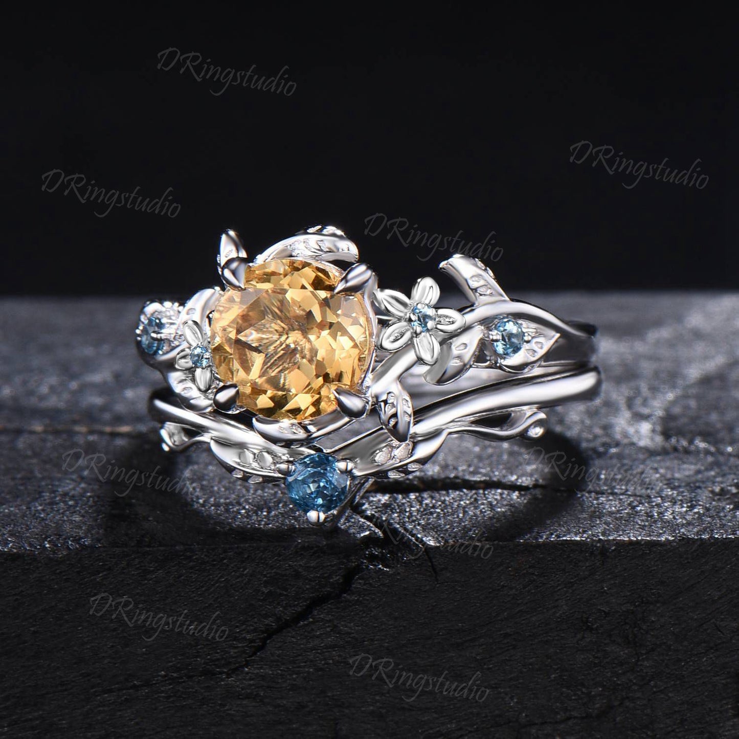1ct Round Nature Inspired Flower Natural Citrine Wedding Ring Sterling Silver Citrine Topaz Bridal Ring Unqiue Anniversary/Promise Ring Gift