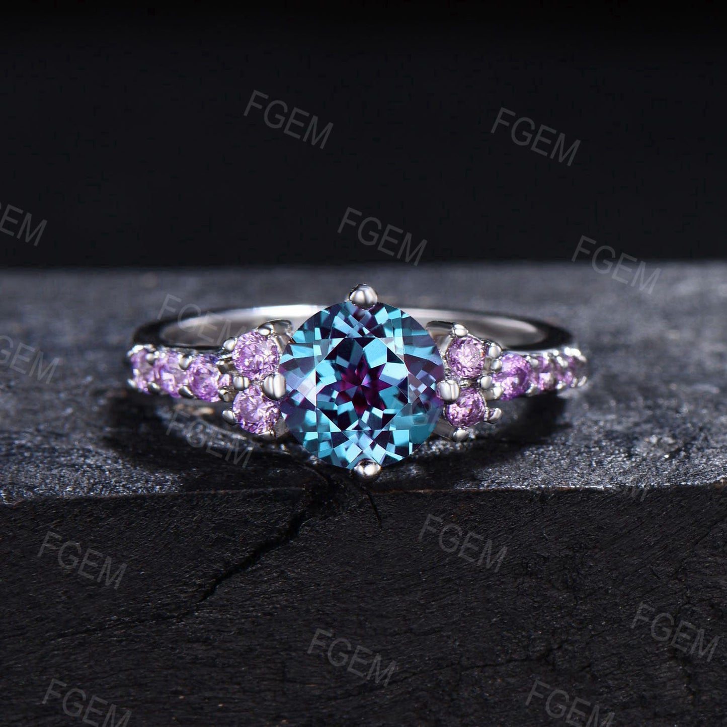Half Eternity Alexandrite Engagement Ring Set 1.2ct Round Cut June Birthstone Bridal Set Sterling Silver Cluster Amethyst Wedding Ring Gifts