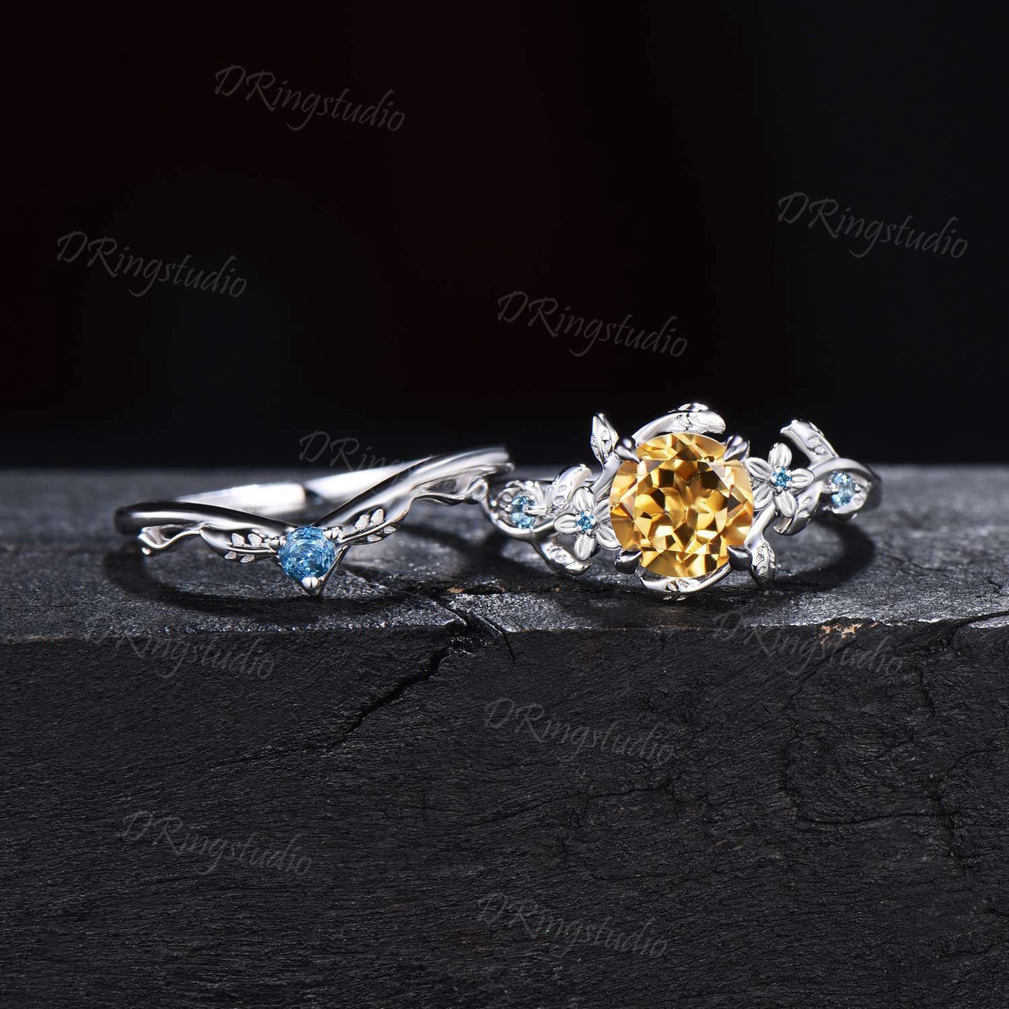 1ct Round Nature Inspired Flower Natural Citrine Wedding Ring Sterling Silver Citrine Topaz Bridal Ring Unqiue Anniversary/Promise Ring Gift