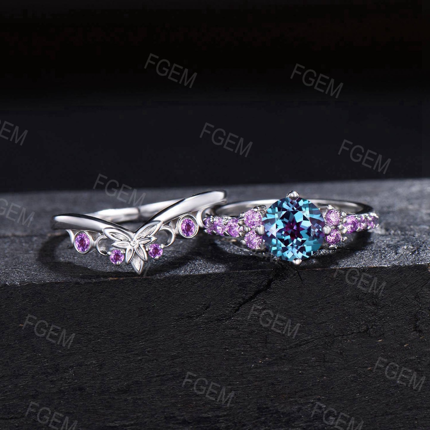 Half Eternity Alexandrite Engagement Ring Set 1.2ct Round Cut June Birthstone Bridal Set Sterling Silver Cluster Amethyst Wedding Ring Gifts