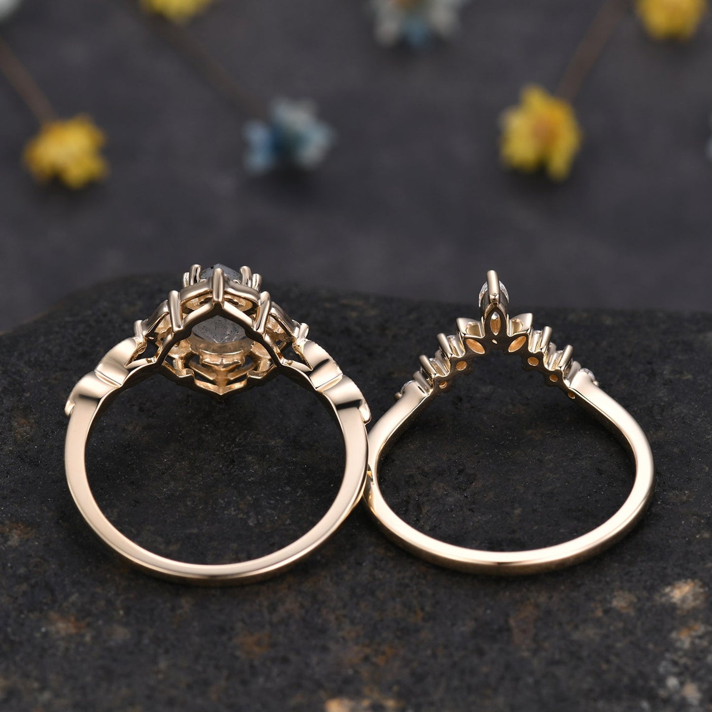 Vintage Salt & Pepper Diamond Pear Engagement Ring Set 14K Gold